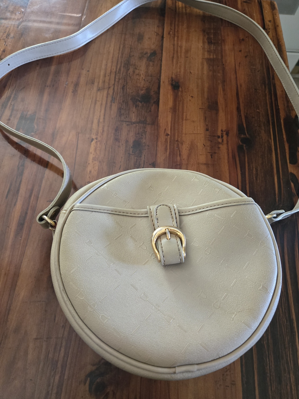 Etienne Aigner Tan Round Crossbody Bag with Gold Buckle